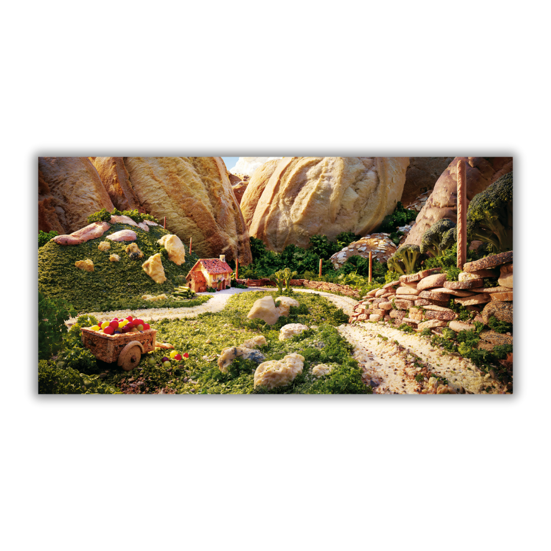 Quadro su tela 'Bread & Cheese' di Carl Warner, un paesaggio dove pane e formaggio creano una scena rurale idilliaca, perfetta per stimolare l'appetito di fantasia e gioco nella cameretta 🧀🥖👶