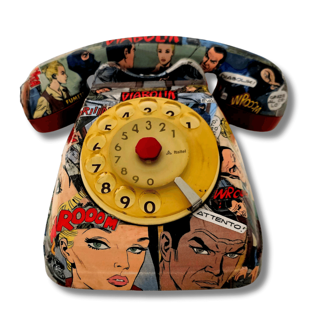 Telefono vintage Diabolik con fumetti colorati