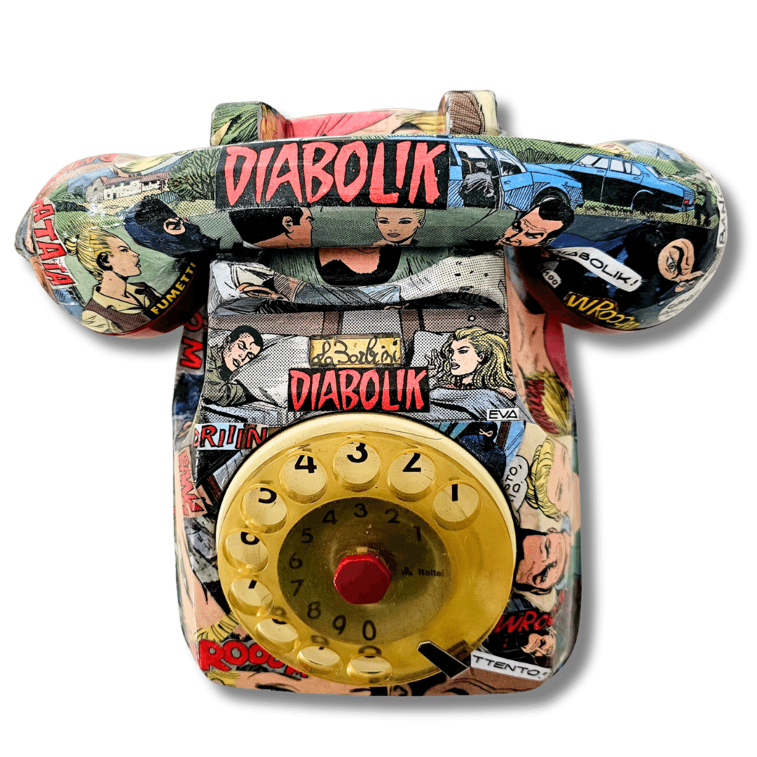 Telefono artistico a tema Diabolik con disegni fumettistici