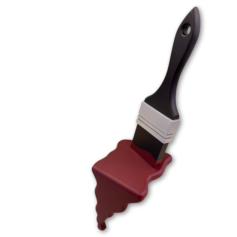 Scultura in legno a forma di pennello con vernice colante in granata, realizzata a mano da GianTarlo per la collezione Wowood di Mycrom Art.