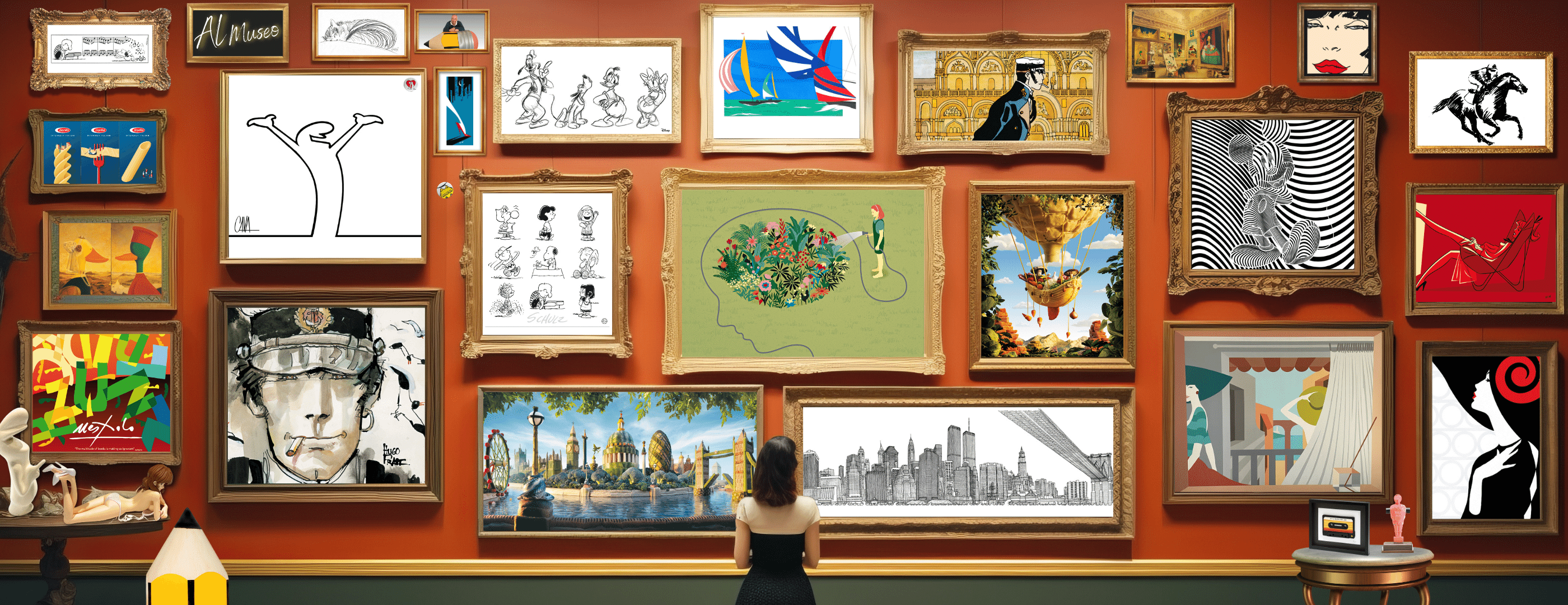 Homepage di Mycromart.com con una varietà di opere d'arte appese su una parete virtuale color terracotta, che invita a esplorare la collezione.