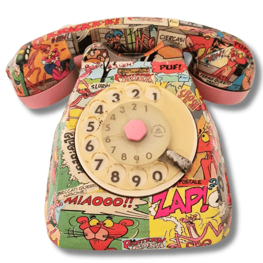 Telefono vintage Pink Panther con vignette colorate