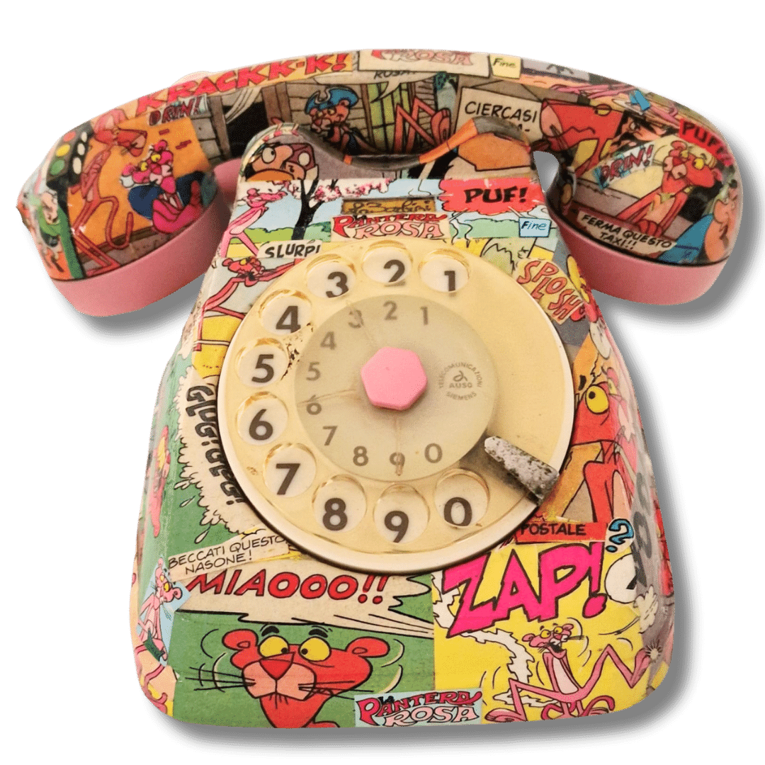 Telefono vintage Pink Panther con vignette colorate