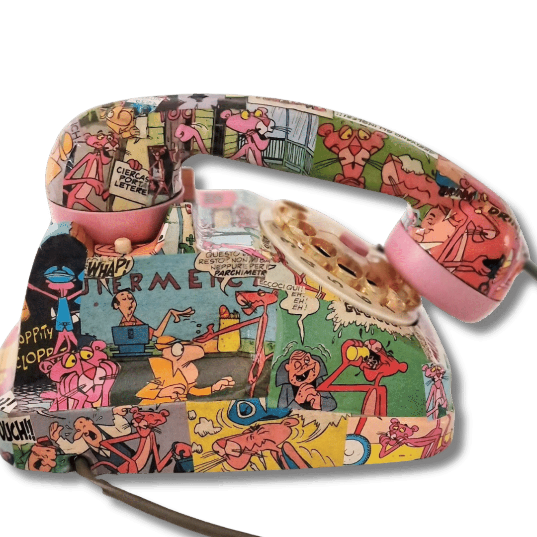 Telefono retrò Pink Panther con illustrazioni vivaci