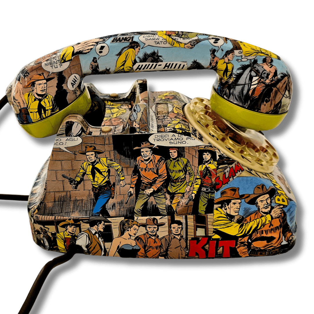 Telefono vintage TEX con illustrazioni western, vista laterale