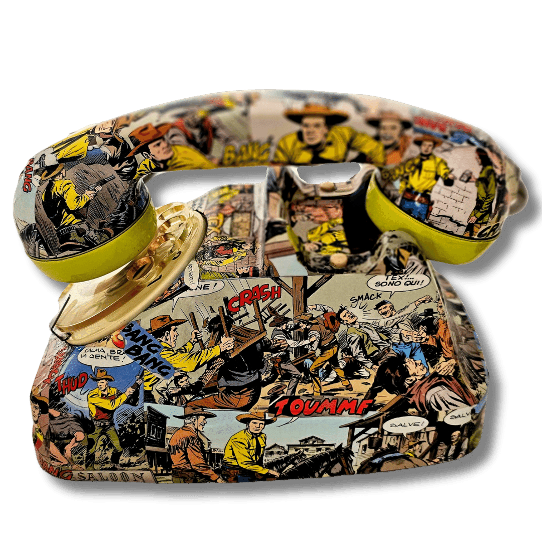 Telefono TEX con fumetti colorati, vista laterale