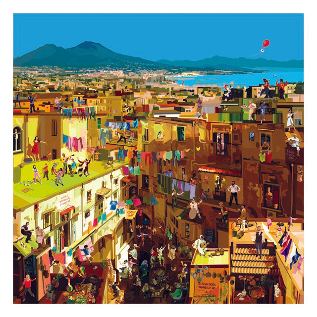 Illustrazione "Naples Sings" di Pierpaolo Rovero che rappresenta la vivace vita quotidiana di Napoli con il Vesuvio sullo sfondo, parte della collezione "Imagine All the People".
