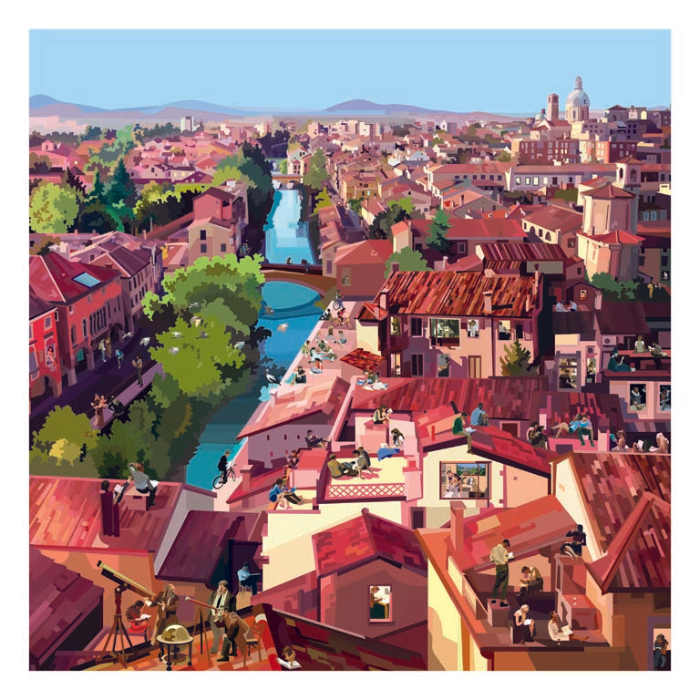 Illustrazione "Padua Studies" di Pierpaolo Rovero, che mostra scene di studio e creatività sui tetti di Padova. Parte della collezione "Imagine All the People".