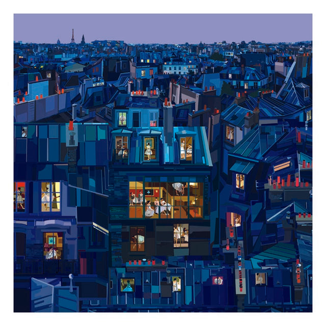 Illustrazione "Paris Ballet" di Pierpaolo Rovero, una veduta serale sui tetti di Parigi con ballerini in preparazione, parte della collezione "Imagine All the People".