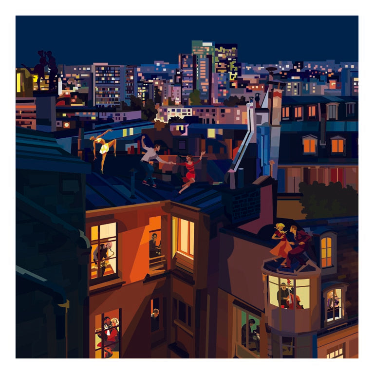 Illustrazione "Paris Jazz - Versione 1" di Pierpaolo Rovero che rappresenta musicisti e ballerini jazz sui tetti parigini. Parte della collezione "Imagine All the People".