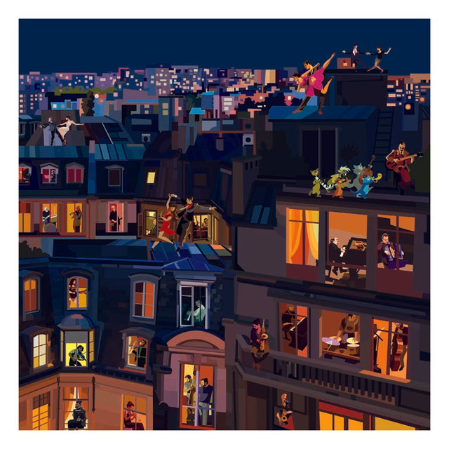 Illustrazione "Paris Jazz - Versione 2" di Pierpaolo Rovero che ritrae musicisti e ballerini sui tetti parigini di notte, parte della collezione "Imagine All the People".