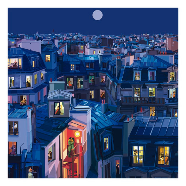 Illustrazione "Paris Plays Classical" di Pierpaolo Rovero, che mostra una scena di concerti privati sui tetti di Parigi. Parte della collezione "Imagine All the People".