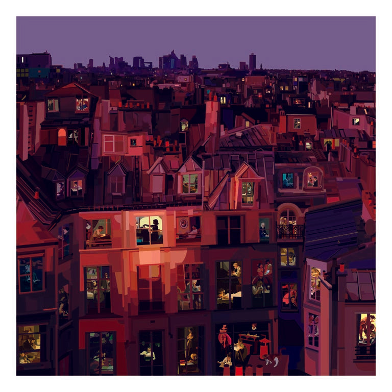 Illustrazione "Paris Writes" di Pierpaolo Rovero, che mostra scrittori e artisti al lavoro nelle mansarde parigine. Parte della collezione "Imagine All the People".