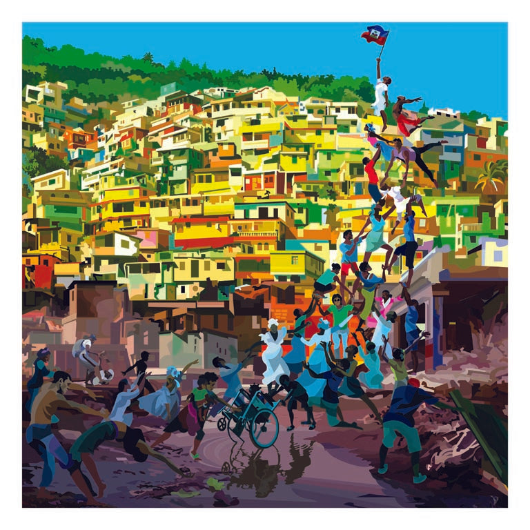 Illustrazione "Port-au-Prince Rises Again" di Pierpaolo Rovero, rappresentazione della resilienza haitiana. Collezione "Imagine All the People".