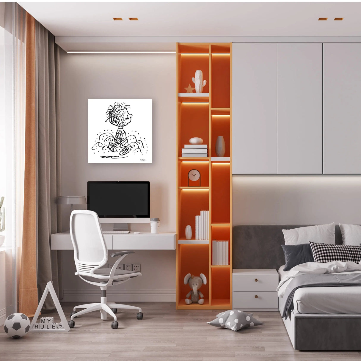 Stampa artistica 'Dirty CHARLIE' appesa in una camera moderna