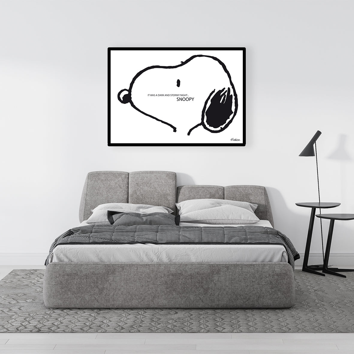 Stampa d'arte Snoopy in camera moderna, bianco e nero