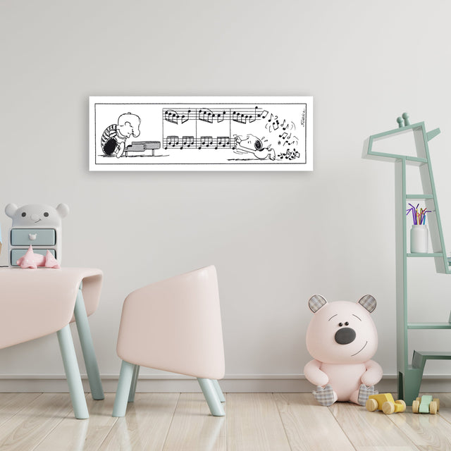 Stampa d'arte con Schroeder al pianoforte e Snoopy felice