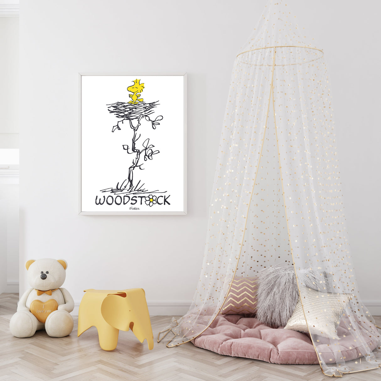 Stampa artistica Woodstock in stanza decorata