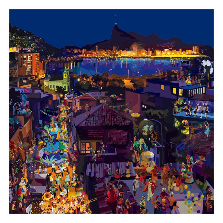 Illustrazione "Rio's Carnival" di Pierpaolo Rovero, che rappresenta il Carnevale di Rio de Janeiro con sfilate e costumi.