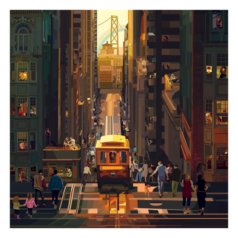 Illustrazione "San Francisco Stands Together" di Pierpaolo Rovero che ritrae un tram che scende verso il Golden Gate Bridge.