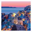 Illustrazione "Santorini Dream" di Pierpaolo Rovero, che mostra un tramonto sull'isola di Santorini con case tipiche e scene romantiche.
