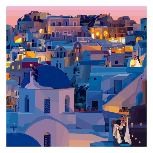 Illustrazione "Santorini Romance" di Pierpaolo Rovero, che mostra coppie romantiche tra le iconiche cupole blu e case bianche di Santorini.