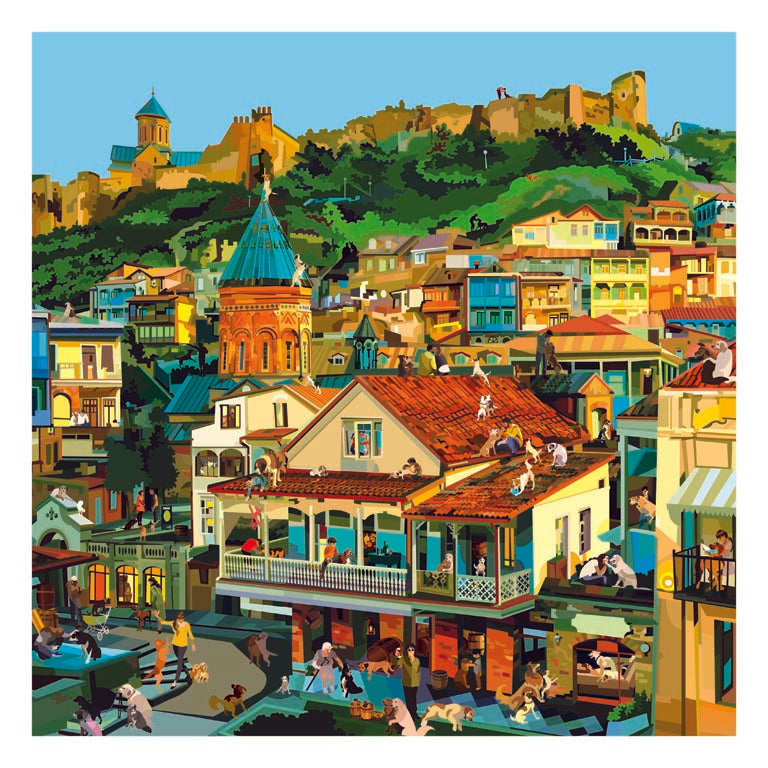 Illustrazione "Tbilisi Loves Dogs" di Pierpaolo Rovero che mostra una scena urbana di Tbilisi, con numerosi cani che animano la città.