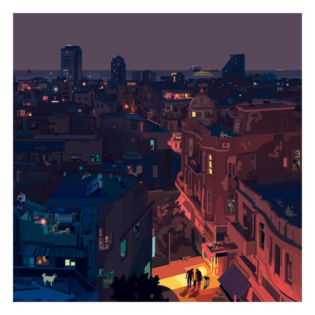 Vista notturna di Tel Aviv rappresentata nell'opera di Pierpaolo Rovero, firmata a mano e parte della collezione IMAGINE ALL THE PEOPLE.