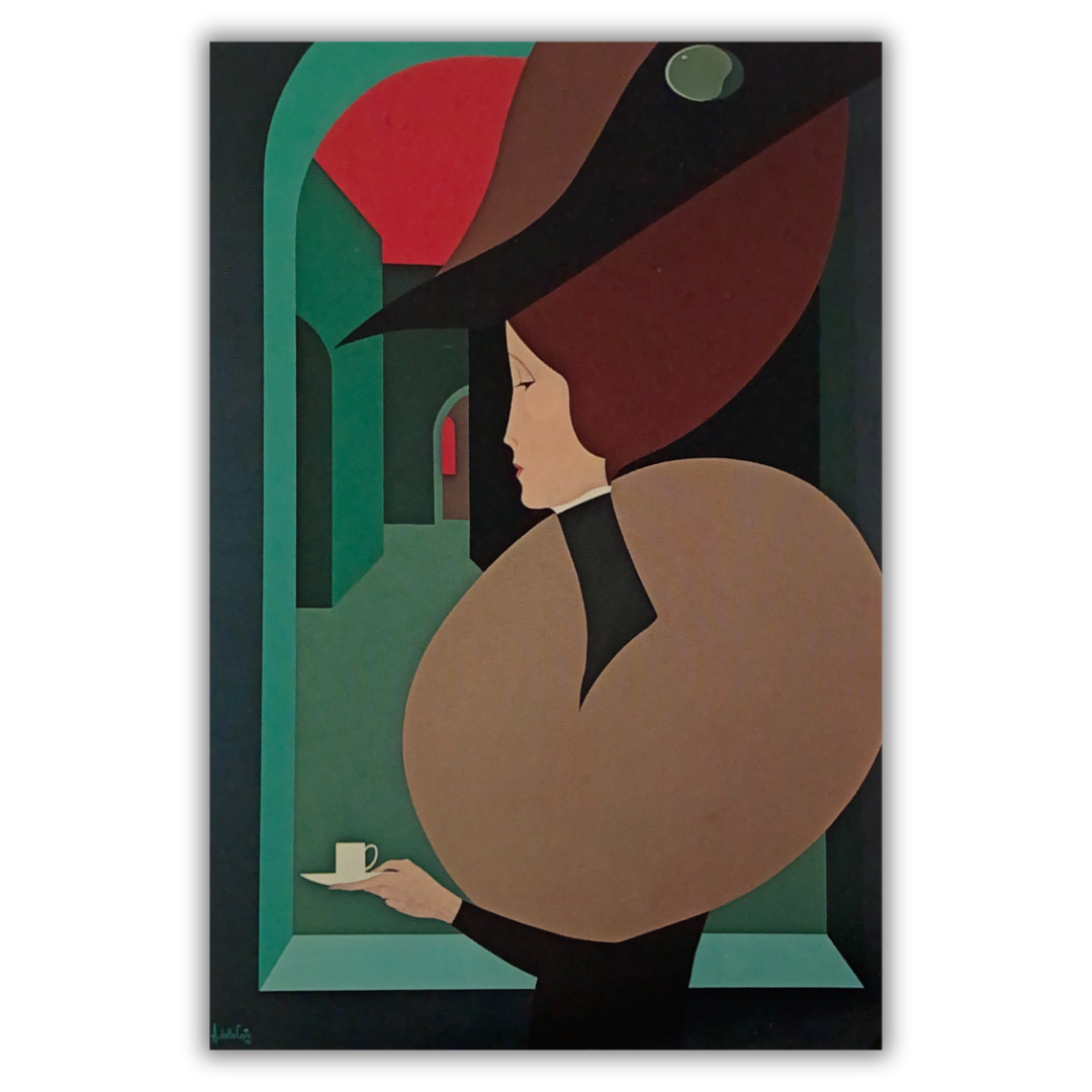 Opera d'arte 'THE CUP OF COFFEE' del 1976 di A. Dalla Costa, raffigurante una donna che si concede una pausa caffè in un'atmosfera di tranquilla eleganza.