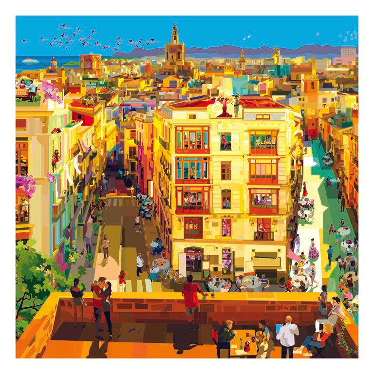 Vista colorata di Valencia con tapas, paella e sangria, parte della collezione "IMAGINE ALL THE PEOPLE" di Pierpaolo Rovero.
