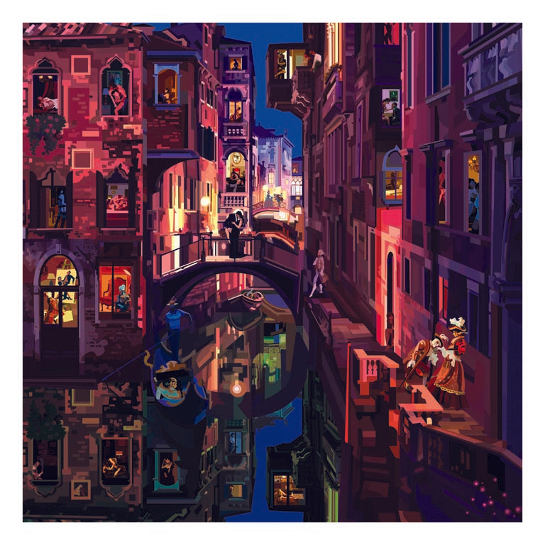 Scena notturna veneziana con gondole e luci romantiche, parte della collezione "IMAGINE ALL THE PEOPLE" di Pierpaolo Rovero.