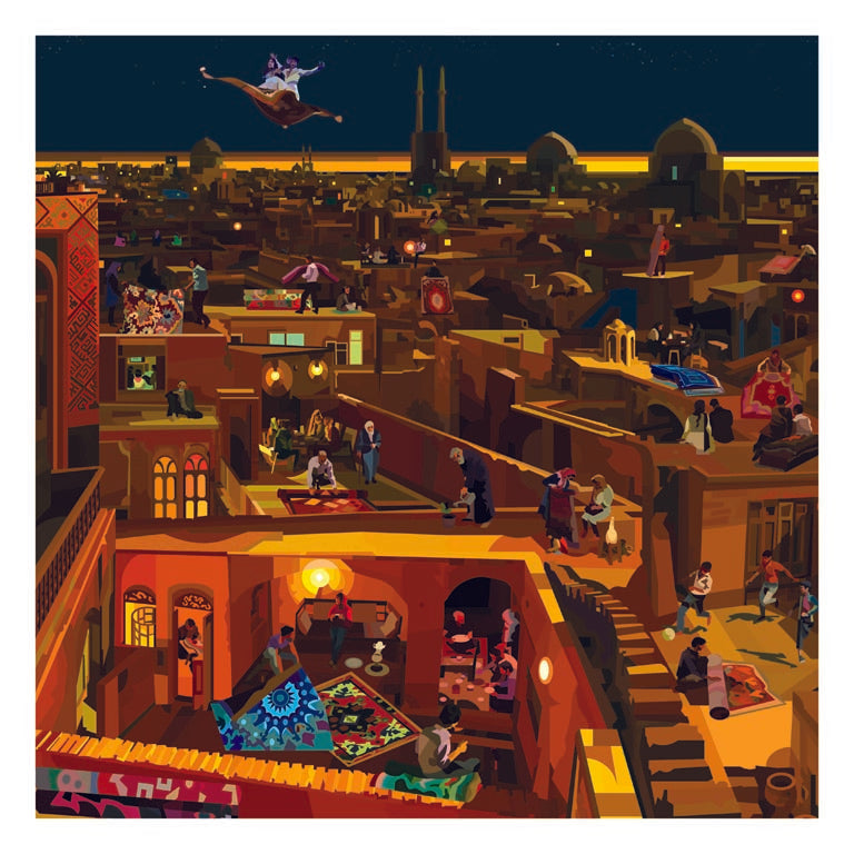 Scena dei tetti di Yazd con tappeti e luci, parte della collezione "IMAGINE ALL THE PEOPLE" di Pierpaolo Rovero.