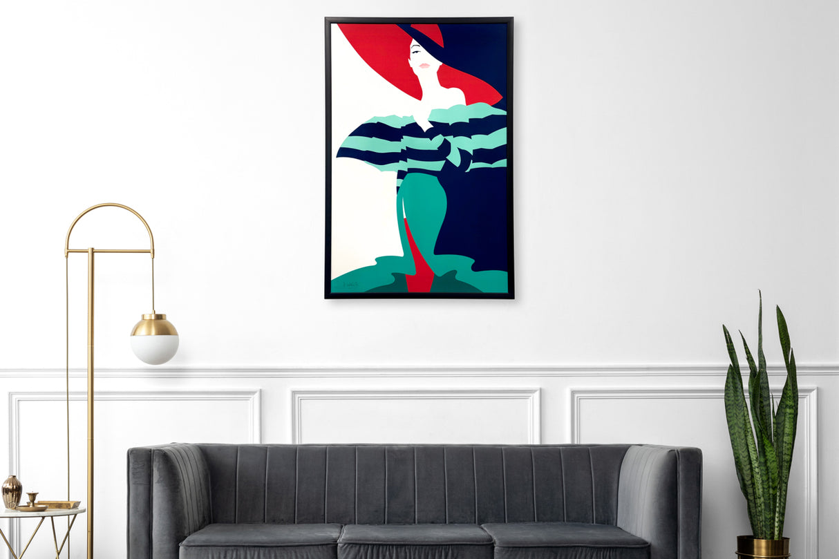 Serigrafia Vanity firmata da Amleto Dalla Costa, donna stilizzata in rosso e verde su sfondo blu, formato 61x94 cm, edizione limitata.