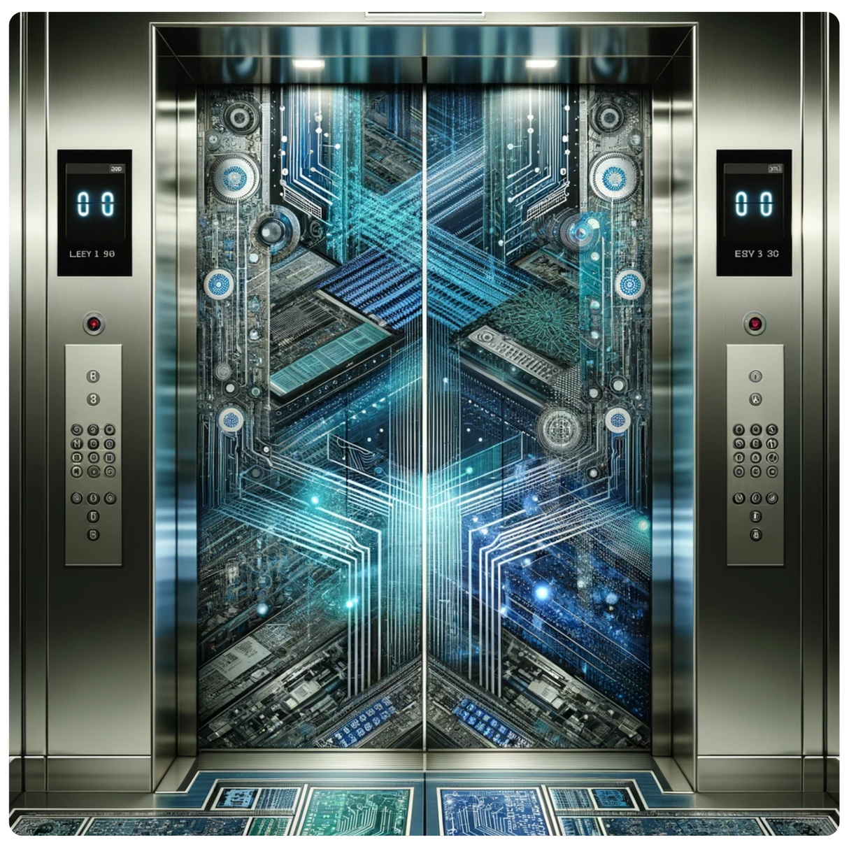 Ascensore con design futuristico e circuiti digitali