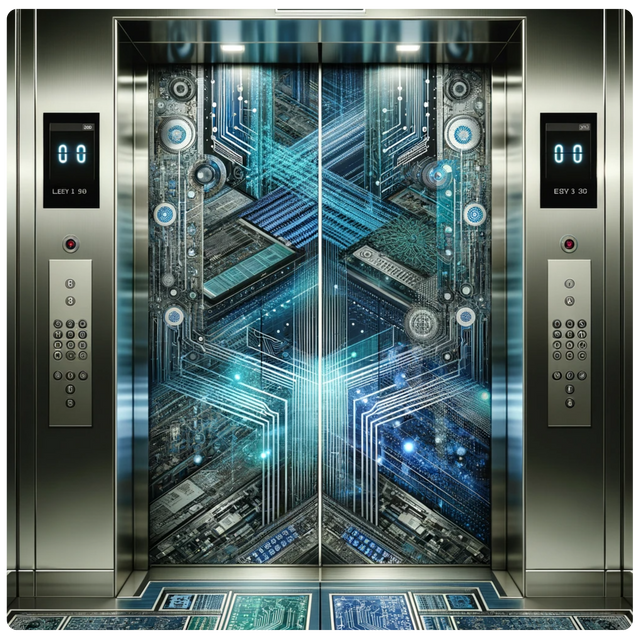 Ascensore con design futuristico e circuiti digitali
