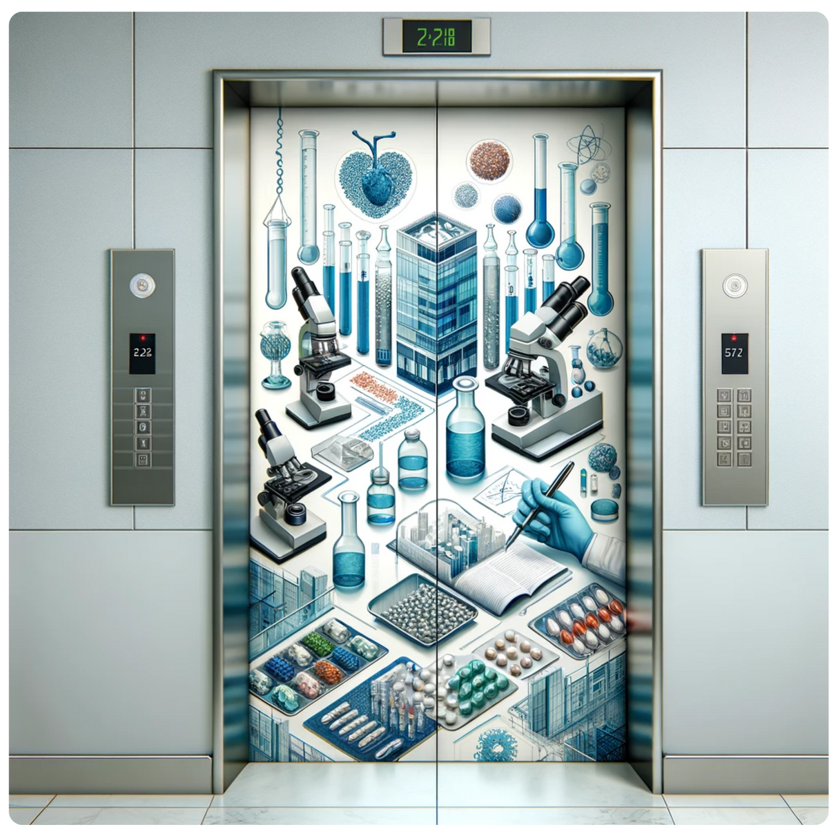 Ascensore decorato con strumenti scientifici e microscopi