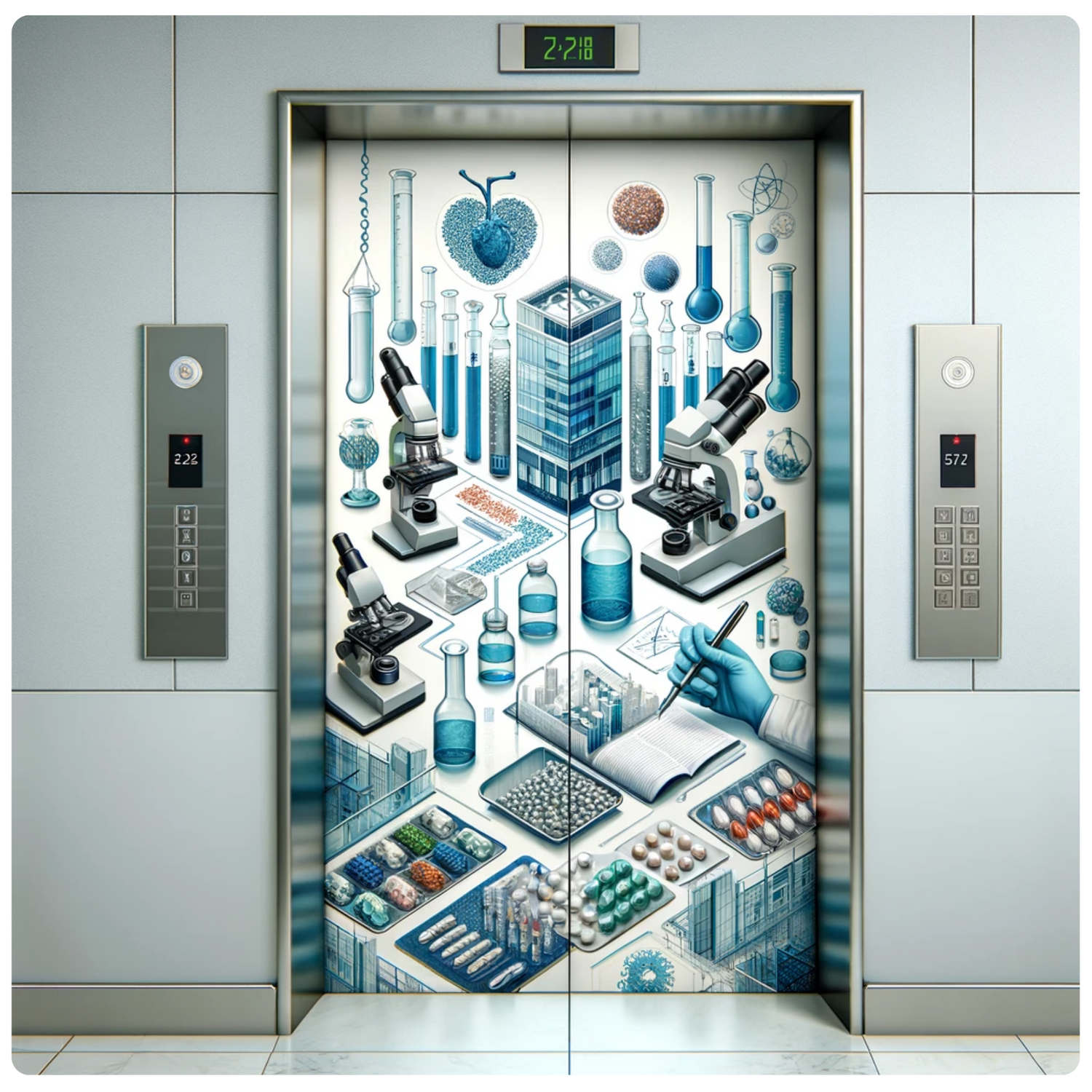 Ascensore decorato con strumenti scientifici e microscopi
