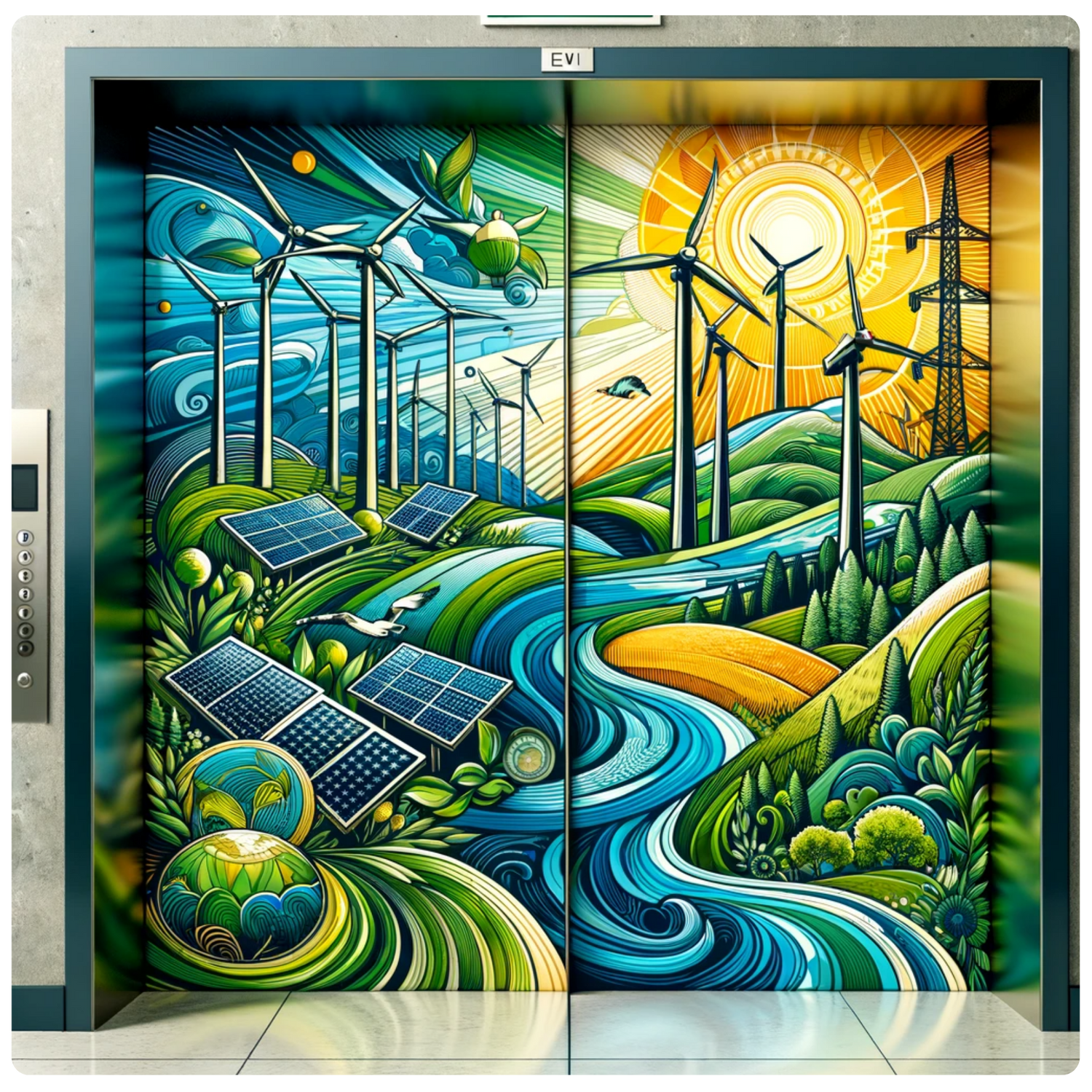 Ascensore con illustrazione di energia rinnovabile eolica e solare