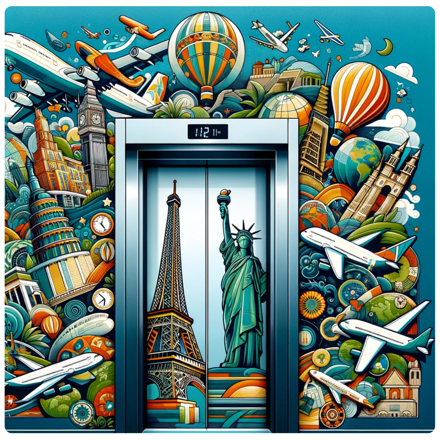 Ascensore con monumenti iconici e mezzi di trasporto globali