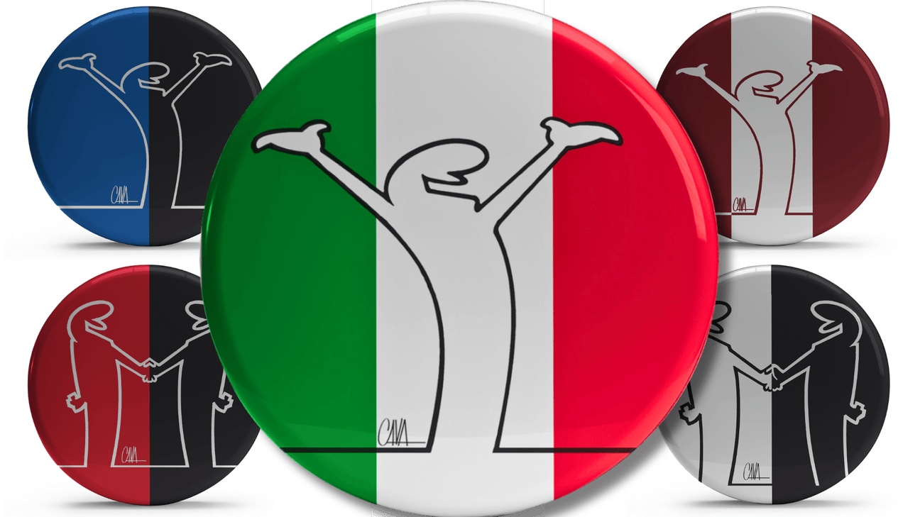 Collezione di bollini Mr. Linea Team di Cavandoli, raffiguranti personaggi stilizzati in diverse espressioni di squadra e collaborazione, con sfondi colorati che includono le bandiere italiane e altre combinazioni cromatiche.