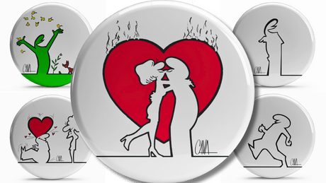 Collezione di bollini Mr. Linea LOVE di Cavandoli, con illustrazioni che rappresentano personaggi stilizzati in scene romantiche e affettuose, caratterizzate da un cuore rosso centrale.