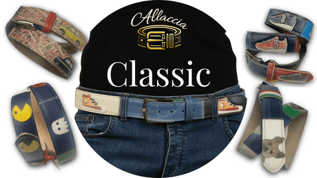 Varietà di cinture dalla collezione ALLACCIA Classiche di Mycromart, mostrando modelli con motivi vintage e moderni su un sfondo scuro con logo luminoso.