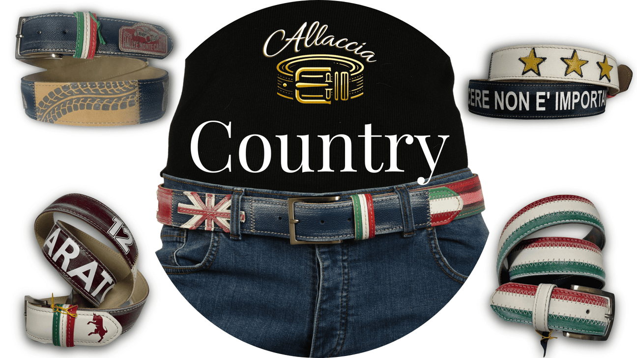 Collezione di cinture 'ALLACCIA Country' di Mycromart, mostrando cinture in stili country vari con dettagli colorati e tematici, posizionate attorno a un logo centrale luminoso su sfondo nero.