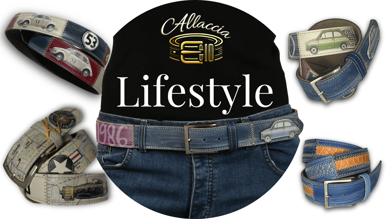 Varie cinture della collezione 'ALLACCIA Lifestyle' di Mycromart, mostrando modelli diversi con decorazioni ispirate alla moda urbana e contemporanea, esposte su uno sfondo nero con il logo luminoso 'Allaccia Lifestyle'.
