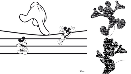 Tele con Mickey e Minnie Mouse in un design innovativo, con elementi tipografici che formano le loro sagome in bianco e nero, perfetti per decorare ogni spazio.