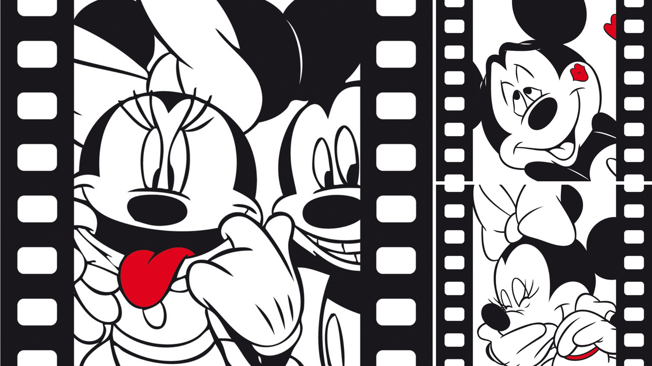 Tele con Mickey e Minnie in stile cinematografico, caratterizzate da un mix di bianco e nero con dettagli rossi, che catturano l'essenza della magia Disney su MYCROMART.