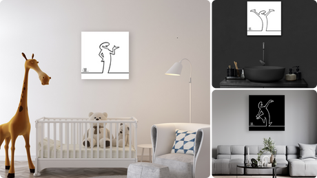 Tre ambientazioni con esempi di opere d'arte minimaliste della collezione MrLinea Classiche: una camera per bambini, un bagno moderno e un salotto elegante.
