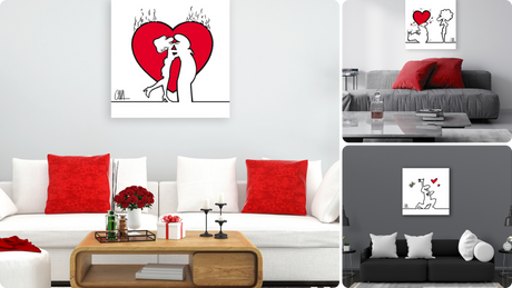 Tre ambientazioni con esempi di opere d'arte minimaliste della collezione MrLINEA InLove: un salotto con divano bianco e cuscini rossi, un salotto con divano grigio e un ambiente moderno con divano nero.