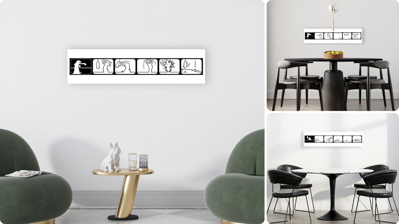 Tre ambientazioni con esempi di opere d'arte minimaliste della collezione MrLINEA Sport: una serie di figure in attività sportive su una parete bianca in un soggiorno moderno