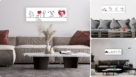 Tre ambientazioni con esempi di opere d'arte minimaliste della collezione MrLINEA Story: una serie di figure che interagiscono con cuori rossi in un soggiorno moderno